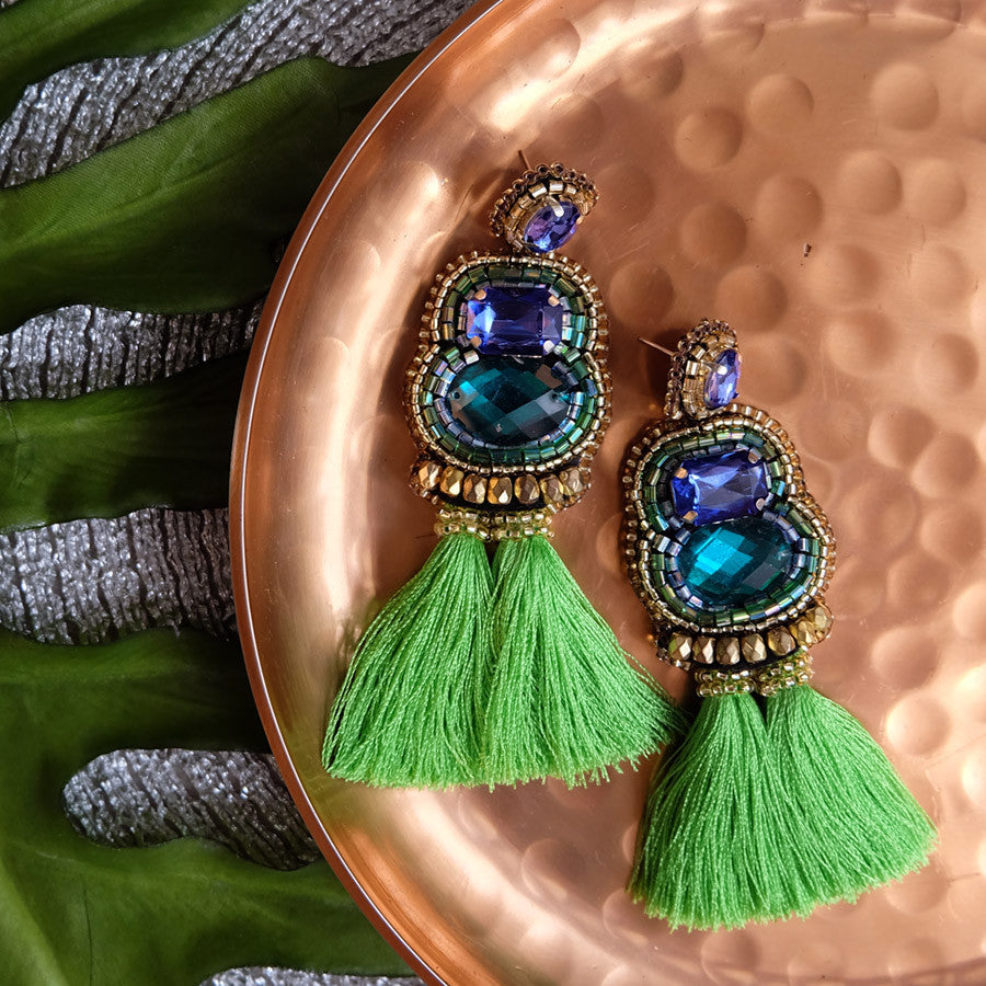 "Maxene" Blue and Apple Green Tassel Earrings