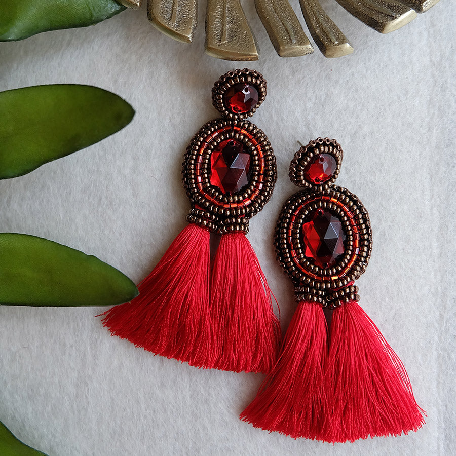 "Peyton" Bronze and Red Tassel Earrings