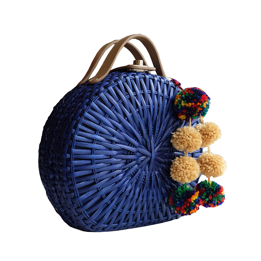 "Talitha" Cobalt Blue Round Rattan Convertible Tote