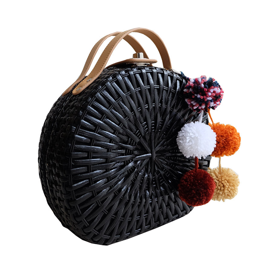 "Talitha" Black Round Rattan Convertible Tote