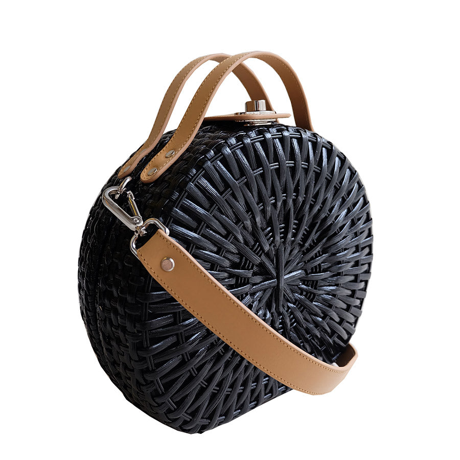 "Talitha" Black Round Rattan Convertible Tote