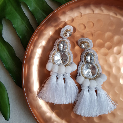 "Niya" White Pompom and Triple Tassel Earrings