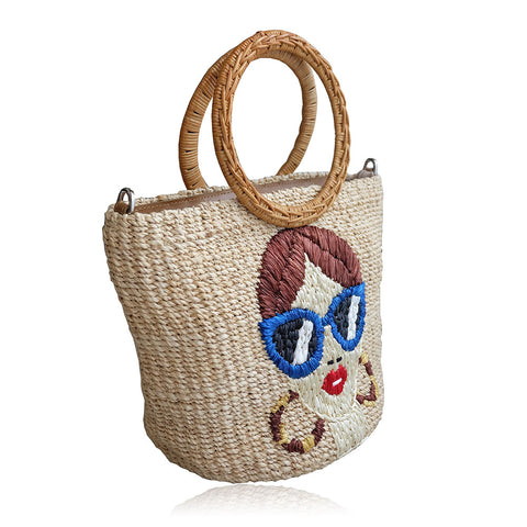 "Mia" Embroidered Natural Abaca Crossbody Bag