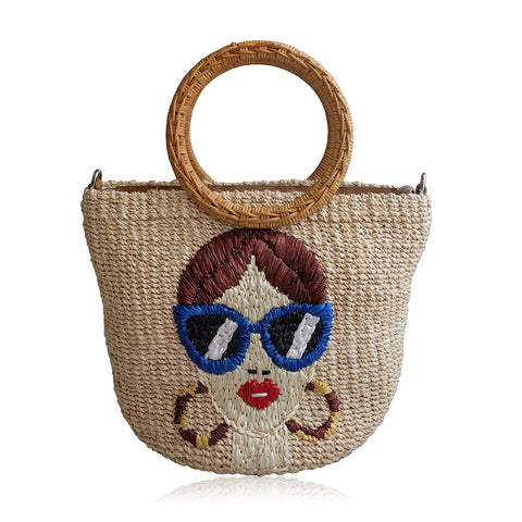 "Mia" Embroidered Natural Abaca Crossbody Bag