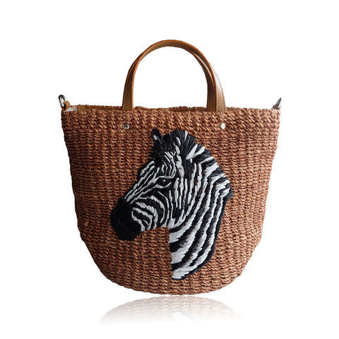 "Pippa" Tan Zebra Embroidered Abaca Crossbody