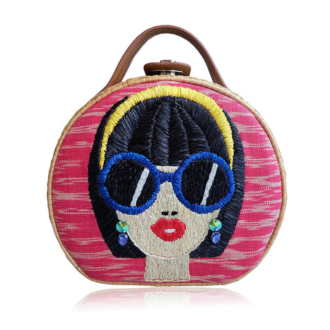 "Suyen" Pink Tinalak Embroidered Round Rattan Tote