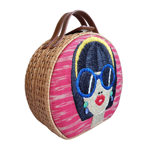 "Suyen" Pink Tinalak Embroidered Round Rattan Tote