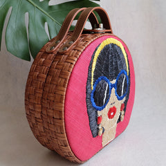 "Suyen" Embroidered Round Rattan Tote