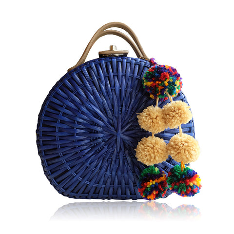 "Talitha" Cobalt Blue Round Rattan Convertible Tote