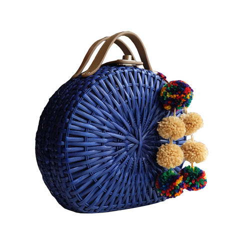 "Talitha" Cobalt Blue Round Rattan Convertible Tote