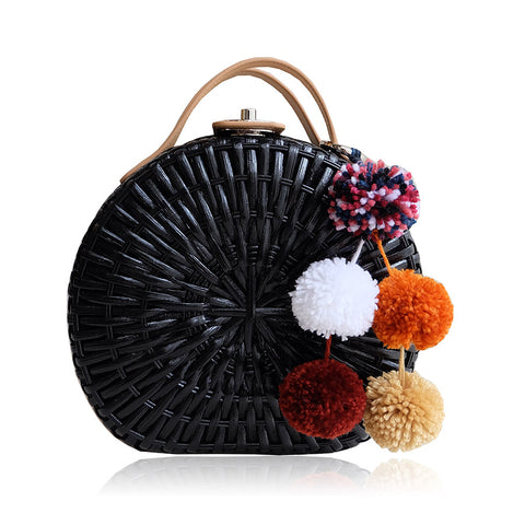 "Talitha" Black Round Rattan Convertible Tote