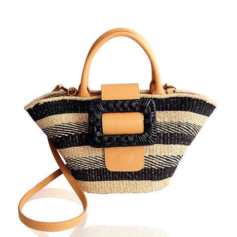 "Sylvie" Black Stripes Abaca Bag with Wicker Buckle