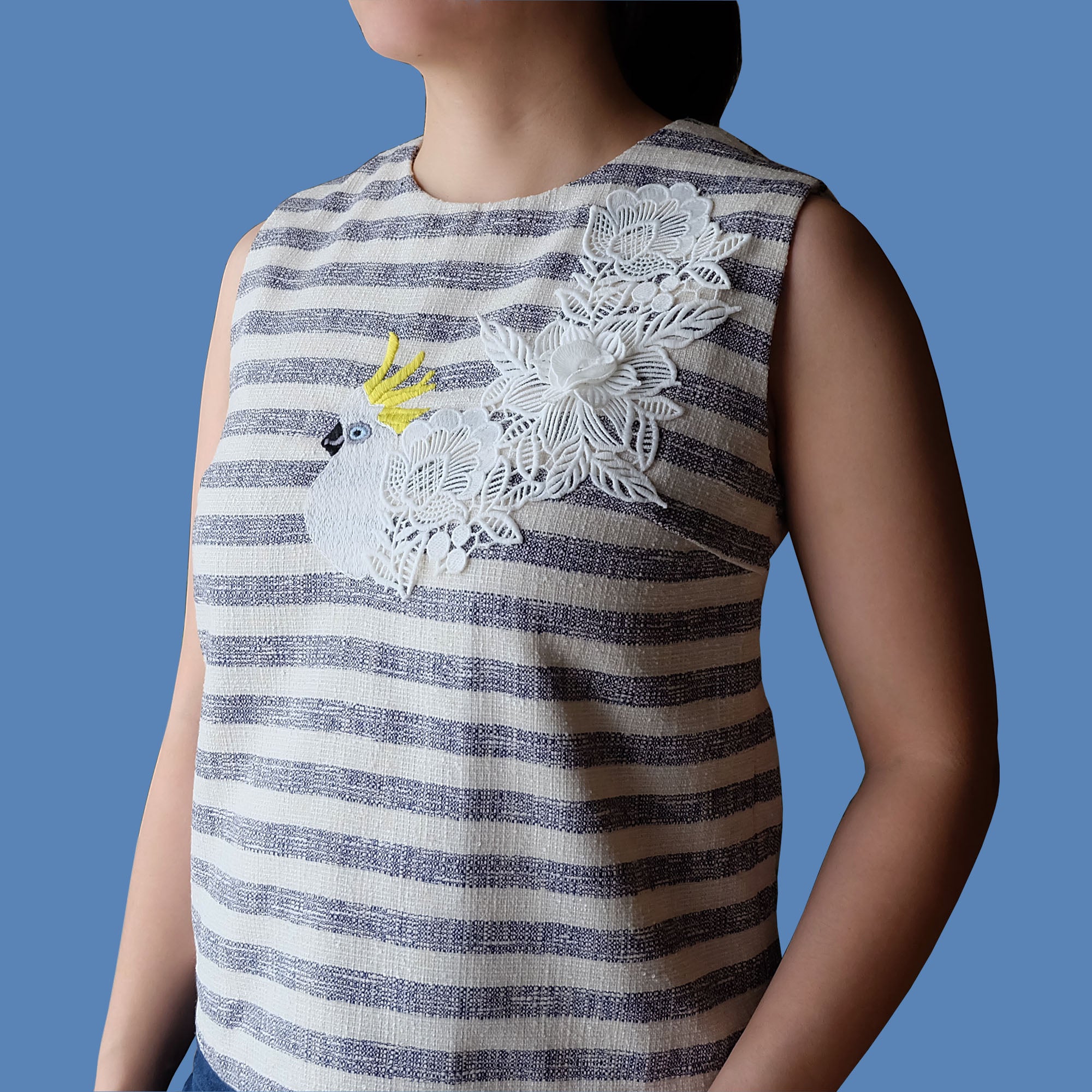 Blue Stripes Embroidered Sleeveless Top