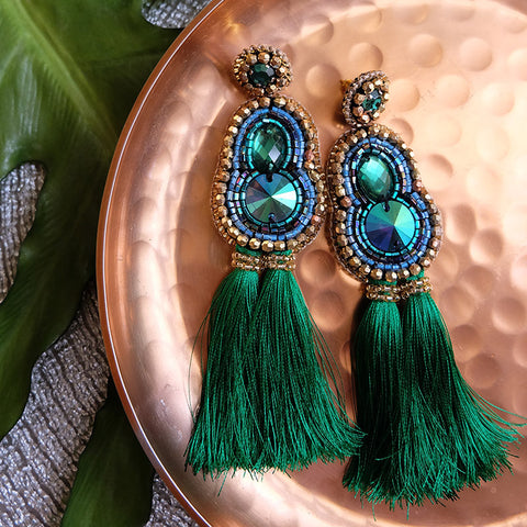 "Nicola" Emerald Green Tassel Earrings