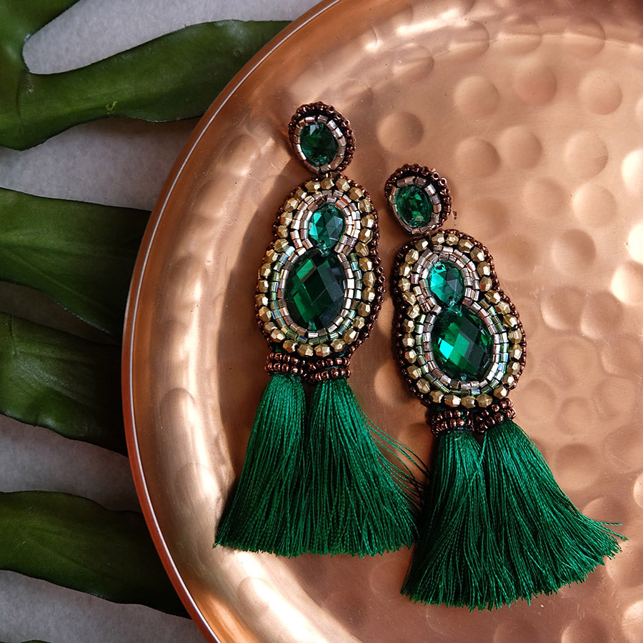 "Natalia" Emerald Green Tassel Earrings