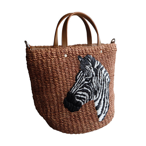 "Pippa" Tan Zebra Embroidered Abaca Crossbody